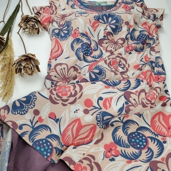 🔴 Anthropologie Boden Beige Coral Blue Floral Corded Boho Dress Sz 8R - Picture 11 of 15